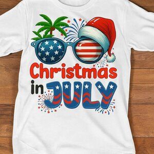 Christmas in July T-Shirt – Funny Summer Holiday Graphic Tee | Santa Beach Shirt